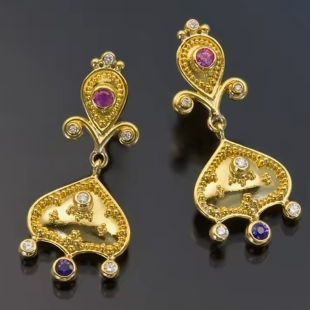 New Elegant 24k Gold and Gemstone Dangle Earrings